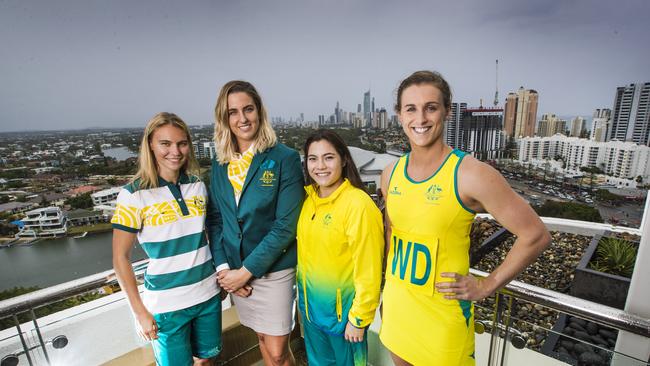 Blake models the Commonwealth Games uniforms, left, in 2018 with now retired swimmer Brittany Elmslie, Delta Gymnastics Georgia Godwin and Gabi Simpson. Picture: NIGEL HALLETT