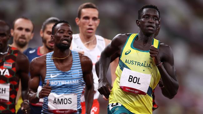 Peter Bol takes up the running in the men's 800m final on Wednesday night. Picture: Ryan Pierse/Getty Images