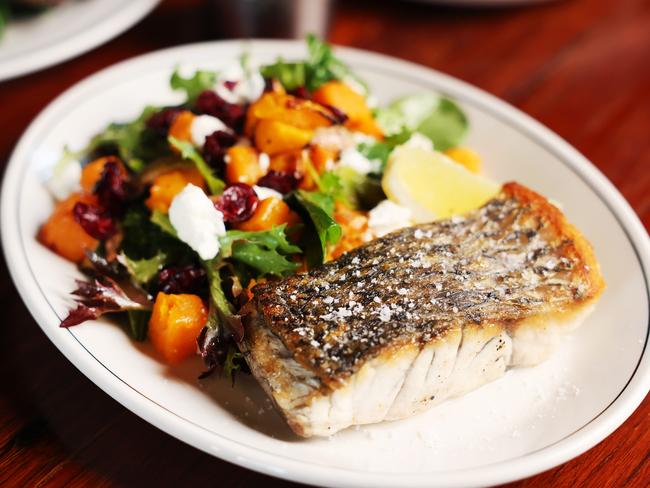 David Ossip enjoyed pan-fried barramundi and butternut pumpkin salad with mixed leaf and goats cheese at Forrester’s in Surry Hills. Picture: Rohan Kelly