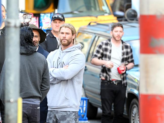 Actors Tom Hiddleston and Chris Hemsworth on the production set of Thor in Brisbane. Pictures: Jack Tran