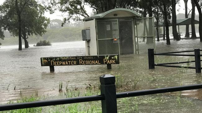 Deepwater Park underwater at Milperra on Sunday afternoon. Picture: Steve Tuntevski