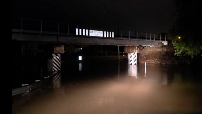 North Maleny resident Bret Mills captured the streets of Nambour being inundated with floodwaters on Sunday night. Picture: Supplied / Facebook via Bret Mills