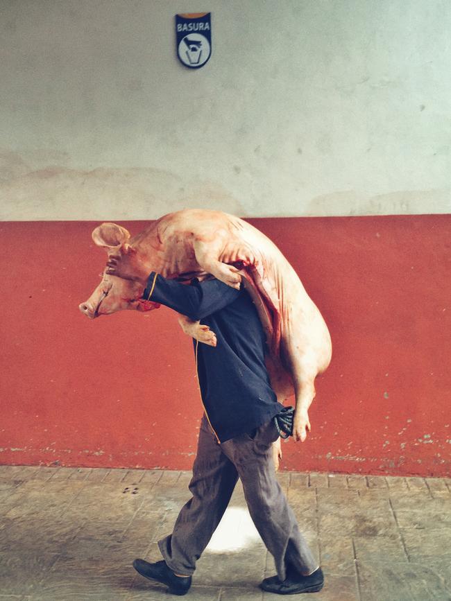 Pork at back ... A loader from the 10 de Agosto marketplace carries pork meat to load in to the buyer’s truck in the city of Cuenca, on November 17, 2016. Pork served baked and fried with other local ingredients is a traditional ecuadorian meal. Picture: Alejandro Reinoso, Ecuador, 2nd Place, National Awards, 2017 Sony World Photography Awards