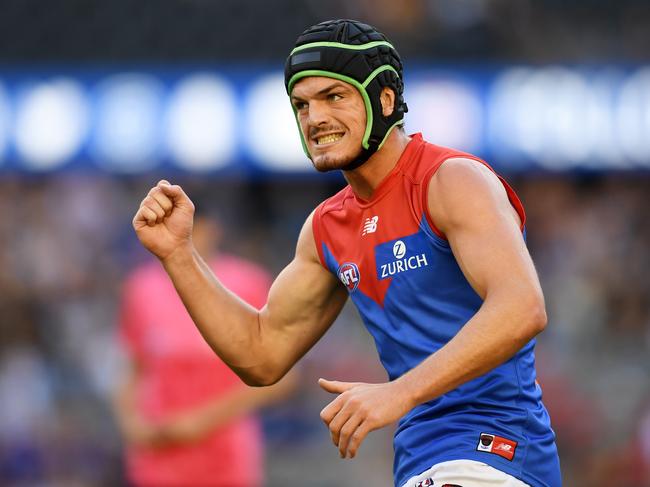 Angus Brayshaw of the Demons celebrates a goal during the Pool A match between the Melbourne Demons and the Carlton Blues during the AFLX Melbourne tournament at Etihad Stadium in Melbourne, Friday, February 16, 2018. (AAP Image/Tracey Nearmy) NO ARCHIVING, EDITORIAL USE ONLY