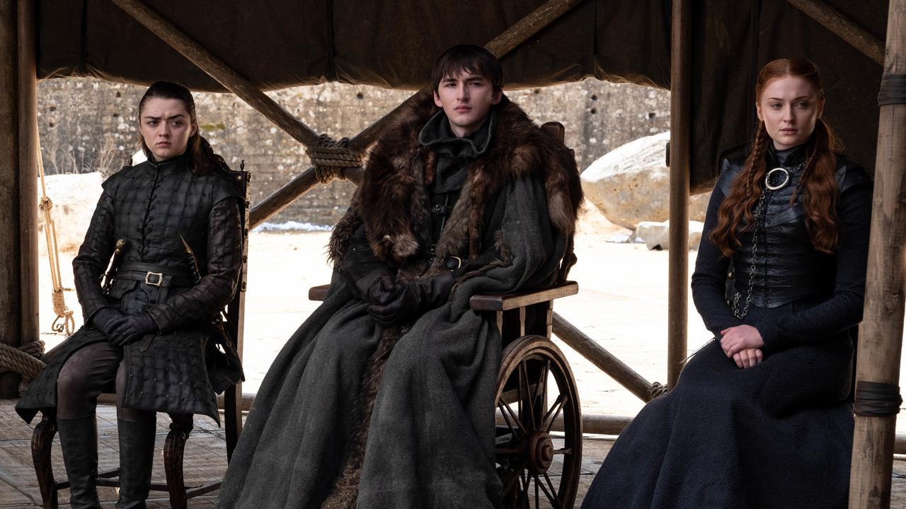 Arya Stark (Maisie Williams), Bran Stark (Isaac Hempstead Wright) and Sansa Stark (Sophie Turner). Picture: Foxtel the final episode of 