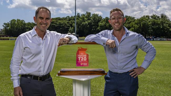 Justin Langer and NT Cricket chief executive Gavin Dovey with the 2024 Top End T20 trophy. Picture: Patch Clapp / NT Cricket