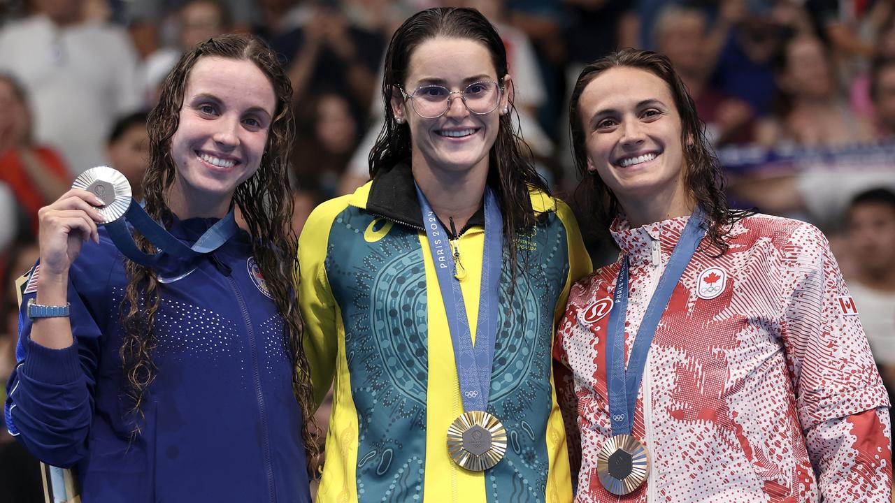 Australia’s Kaylee McKeown, silver medallist Regan Smith of Team USA, left, and bronze medallist Kylie Masse of Team Canada on the podium after the 200m backstroke final. Picture: Sarah Stier/Getty Images