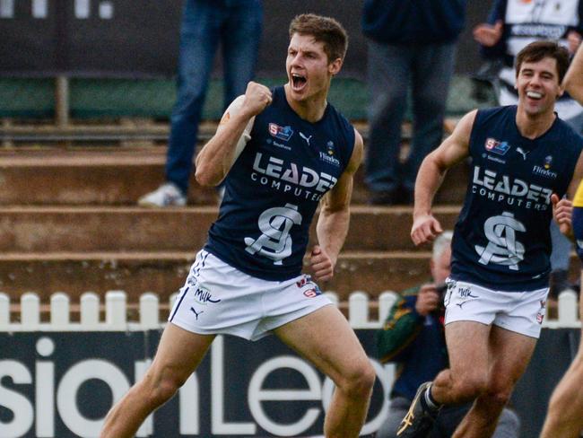 SouthÃs Matt Rose celebrates a goal during the SANFL football match between the Eagles and South Adelaide at Woodville Oval, Saturday May 08, 2021. Picture: Brenton Edwards