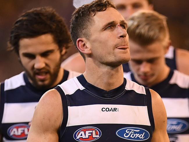 Joel Selwood of the Cats is seen after the second qualifying final between the Geelong Cats and the Richmond Tigers at MCG in Melbourne, Friday, September 8, 2017. (AAP Image/Julian Smith) NO ARCHIVING, EDITORIAL USE ONLY