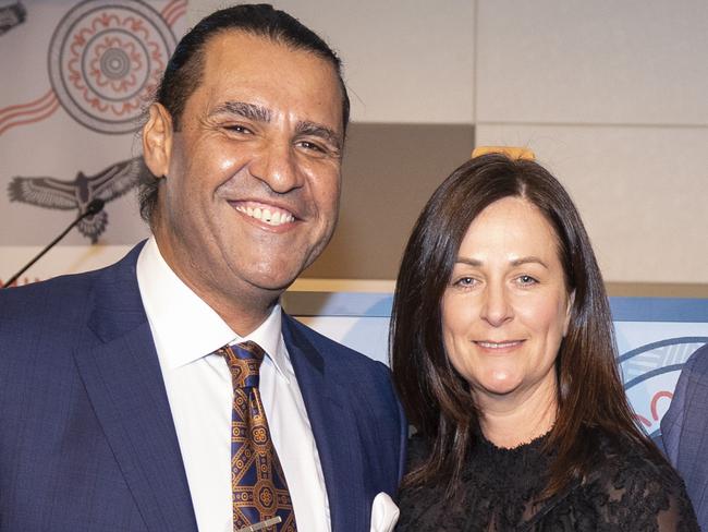 Danielle Hardwick, centre, with Dominance CEO Nick Karas, and Arthur Prios, founder of E-View Real Estate at the launch of Dominance Indigenous scholarship program. Picture: Supplied.