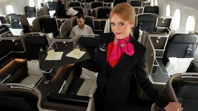 22/03/2018Kath Slater and John Spoto both cabin crew in business class of the Qantas dreamliner. It's the first nonstop flight from Perth to Londonpic Colin Murty The Australian