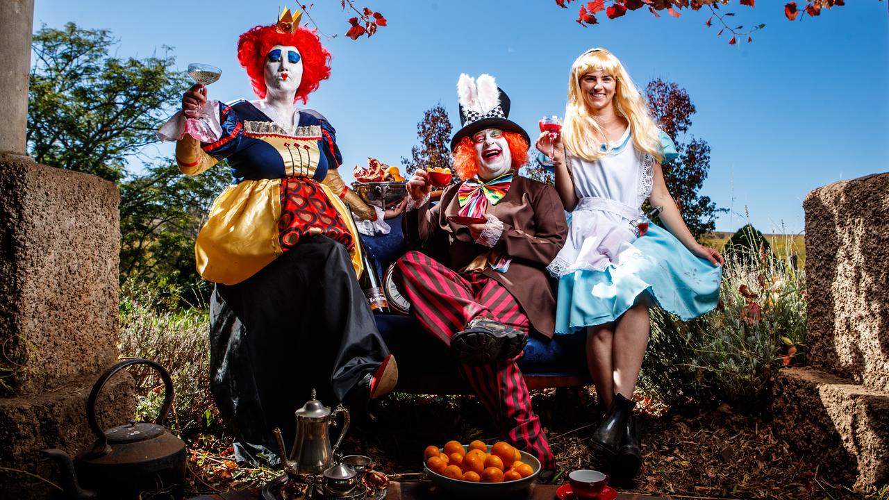 Jemma Ashby (Alice), Warrick Duthy (the White Rabbit) and Nicola Palmer (the Queen of Hearts) pictured in Watervale ahead of the Clare Valley Gourmet Week. Picture: Matt Turner.