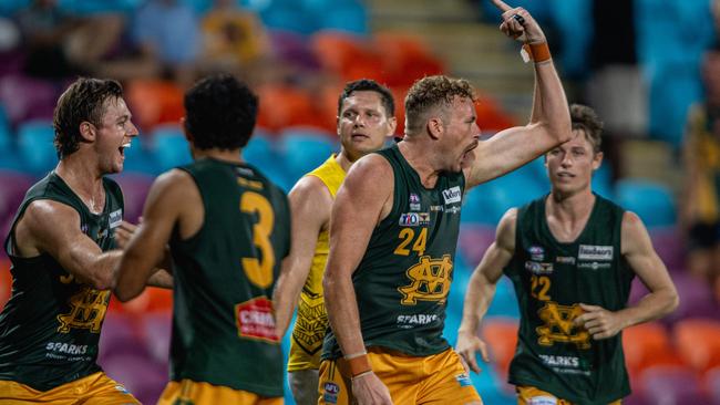 Jackson Calder celebrates in the Nightcliff vs St Mary’s 2023-24 NTFL major semi final. Picture: Pema Tamang Pakhrin