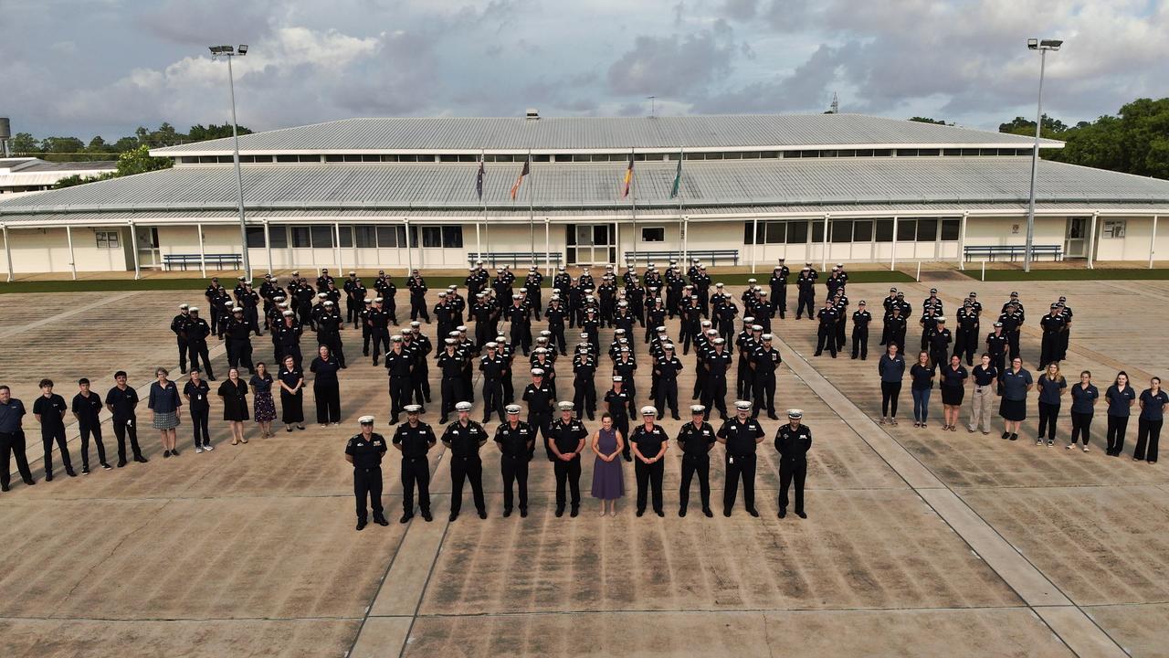 Drone shots of Chief Minister Lia Finocchiaro and NT Police Commissioner Michael Murphy with officers from NT Police in February 2025. Picture: NT Police