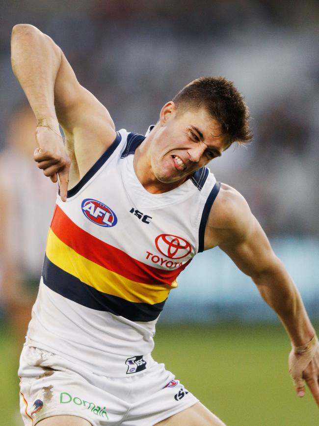 Riley Knight can feel it as the Crows got on a run. Picture: Getty Images