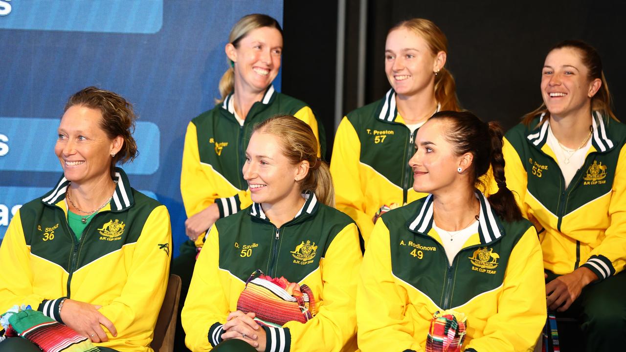 Taylah Preston (centre top) and Arina Rodionova (bottom right) were left out of the updated Billie Jean King Cup squad named by captain Sam Stosur (left). Picture: Chris Hyde / Getty Images