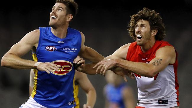 Tom Hickey (right) has been a revelation in the ruck since crossing to Sydney in last year’s trade period. Picture: AFL Photos via Getty Images