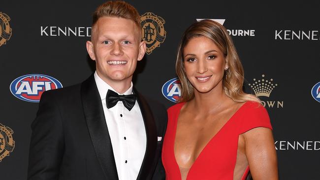 Adam Treloar of the Magpies and his partner Kim Ravaillion arrive at the 2019 Brownlow Medal. Picture: Getty