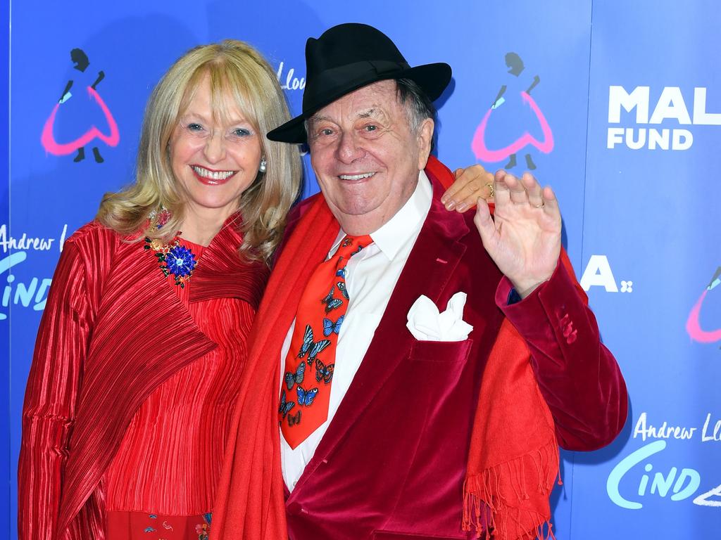 Barry Humphries and wife Lizzie Spender attend a performance of Cinderella in London in 2021. Picture: Joe Maher/Getty Images