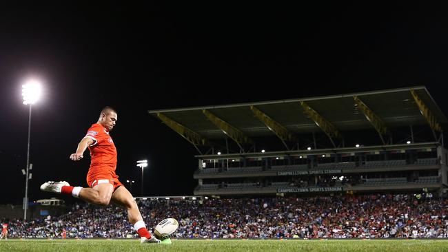 Tuimoala Lolohea,  of Tonga, kicks for goal during the 2017 NRL Pacific Test at Campbelltown Sports Stadium on Saturday night. Pictures: Getty Images