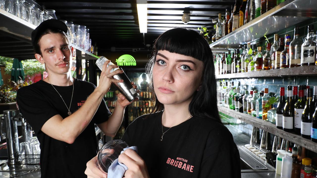 Triffid bar staff Dylan Gatt and Hayley Sherriff had their jobs saved by the JobKeeper wage subsidy. Photographer: Liam Kidston.