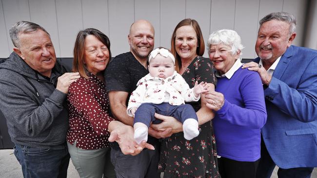 Jeni and Phil Goddard with Elizabeth as she meets grandparents Stephen and Sharon Goddard and Kay and Lawrie Barclay. Picture: Sam Ruttyn