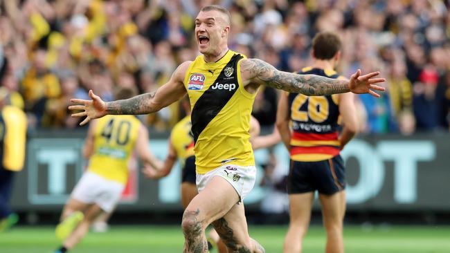 Dustin Martin celebrates on the final siren. Picture: Alex Coppel.