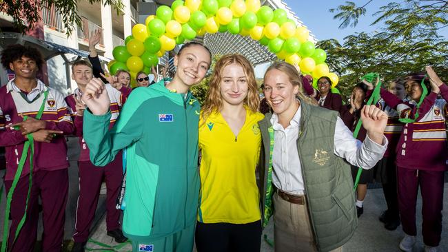 Students welcome Commonwealth Games swimmer Mollie O'Callaghan (middle) with Toby Stolberg and Ella Ramsay at St Peters, Springfield, Monday, August 15, 2022 - Picture: Richard Walker