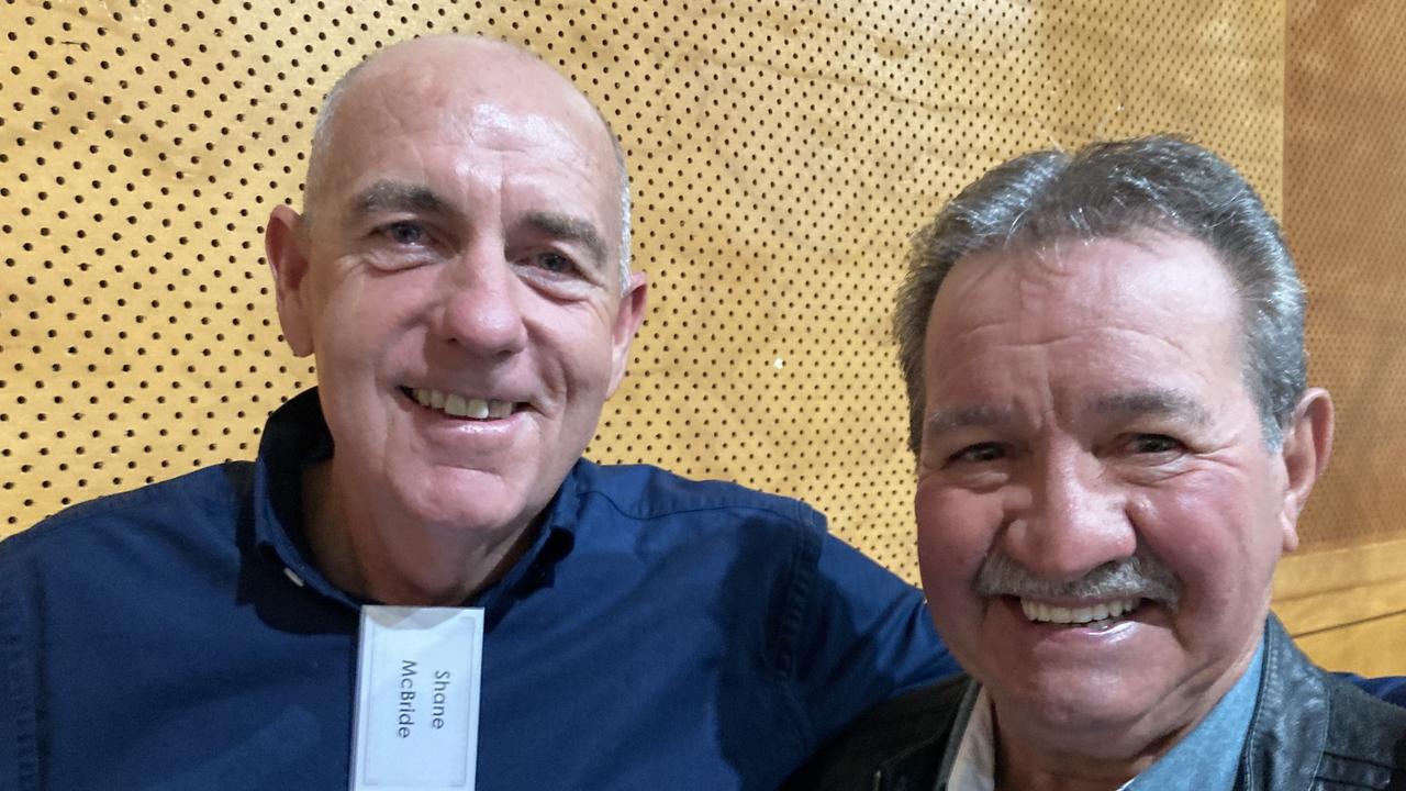 Shane McBride and Doug Sutton celebrate the 50th anniversary of the Rainbows Rugby League Football Club at its golden jubilee at the Gympie Showgrounds Pavilion on the night of June 3, 2023.