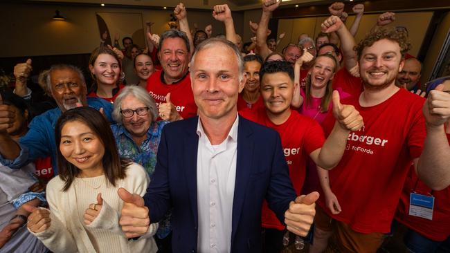 Labor Candidate for Forde Rowan Holzberger celebrates with supporters celebrate at the Beenleigh Tavern on Saturday night. Picture: Nigel Hallett.