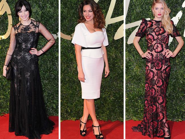 Daisy Lowe, Lily Donaldson and Kelly Brook attend the 2013 British Fashion Awards. Picture: Getty