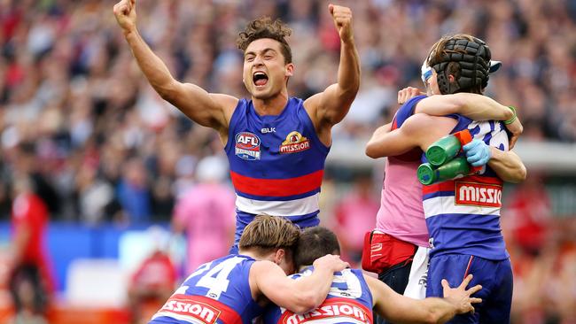 Luke Dahlhaus celebrates the Western Bulldogs win on Grand Final day. Picture: Mark Stewart