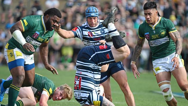 27/8/23: Brothers player Michael Bond, upside down during the Wests vs. Brothers match, QRU club Premier Rugby Grand Final, at Ballymore, Brisbane. pic: Lyndon Mechielsen/Courier Mail