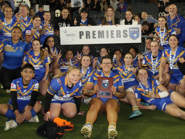 Campbelltown City celebrate their grand final win, Warragamba Wombats v Campbelltown City, Womenâs Open Age, Macarthur Rugby League, Silver Grand Final, Campbelltown Stadium, Saturday, June 15, 2024. Photo: Warren Gannen Photography