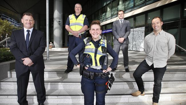 Detective Senior Sergeant Bradley Lawrence, Detective Sergeant Stephen Hill, Leading Senior Sergeant Shane Engelsman, First Constable Madeleine Smith, Detective Senior Constable Daniel Wheelahan. Picture: David Caird