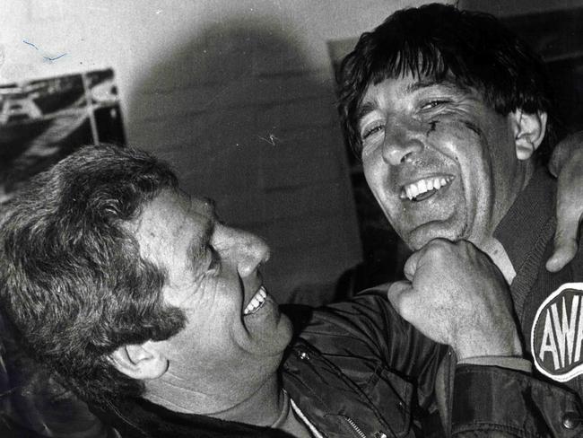 Fred Cook hamming it up with another great Port goalkicker, Bob Bonnett.