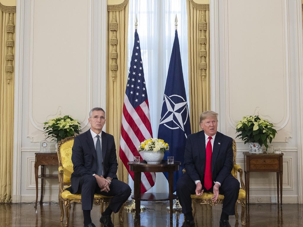 Trump and NATO Secretary General, Jens Stoltenberg at Winfield House in London ahead of the NATO meeting. Picture: AP Photo/Evan Vucci.