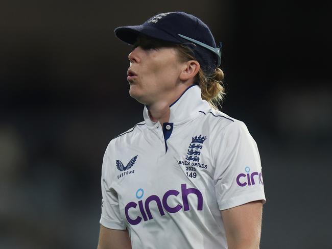 MELBOURNE, AUSTRALIA - JANUARY 31: Heather Knight of England reacts at stumps during day two of the Women's Ashes Test Match between Australia and England at Melbourne Cricket Ground on January 31, 2025 in Melbourne, Australia. (Photo by Daniel Pockett/Getty Images)