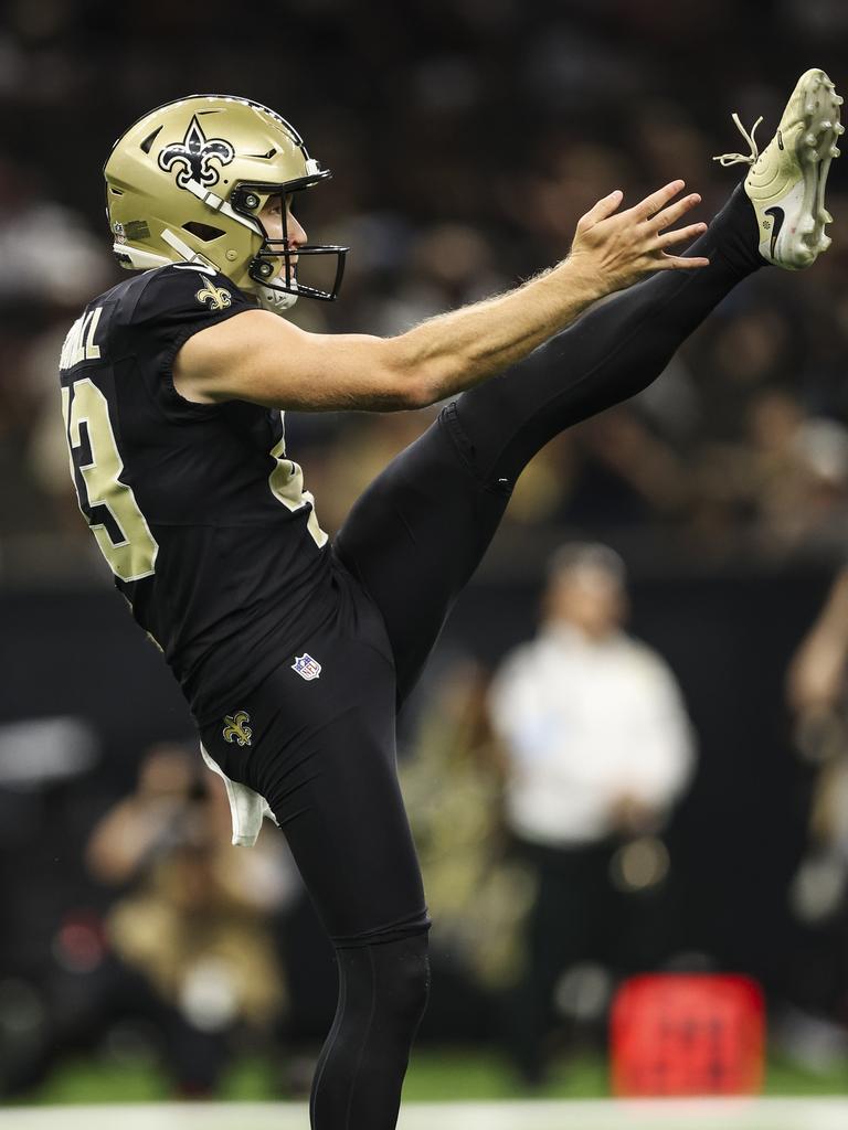 Hayball punts against the Carolina Panthers. Picture: Perry Knotts/Getty Images