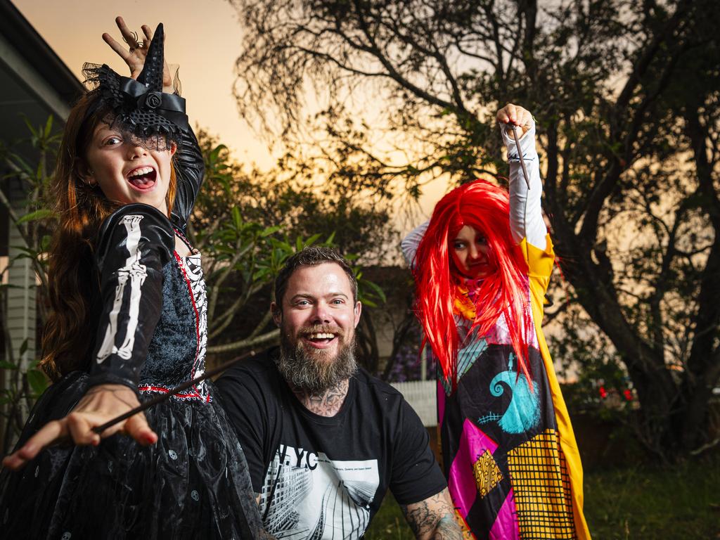 Maddy (left) and Savannah celebrate Halloween with Anon Kirkman, Thursday, October 31, 2024. Picture: Kevin Farmer