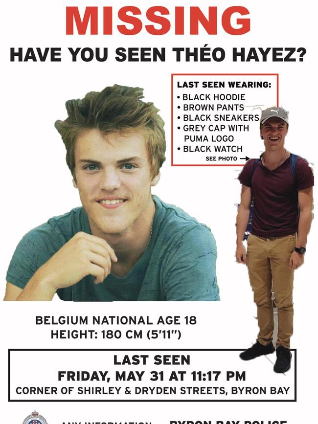 The missing person poster for Theo Hayez is plastered all over Byron Bay.