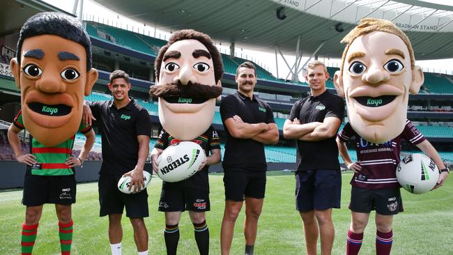 Dane Gagai, Reagan Campbell-Gillard and Tom Trbojevic with their replica bobble heads at the SCG. Image: Jonathan Ng