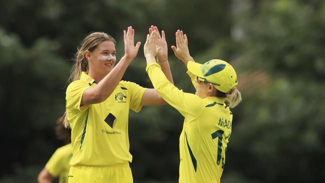 Courtney Sippel of Australia celebrates the wicket of Mady Villiers of England during the Australia A v England A one day international tour match at EPC Solar Park, on February 02, 2022, in Canberra, Australia. (Photo by Mark Evans/Getty Images)