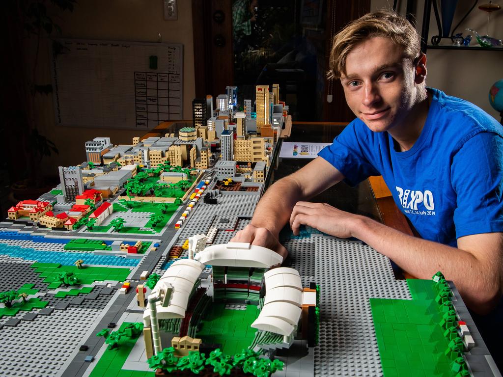 Lego whiz kid Connor Brennan , 17, with his new model of the Adelaide skyline, on May 13th, 2021, at his  Redwood Park home.
Picture: Tom Huntley