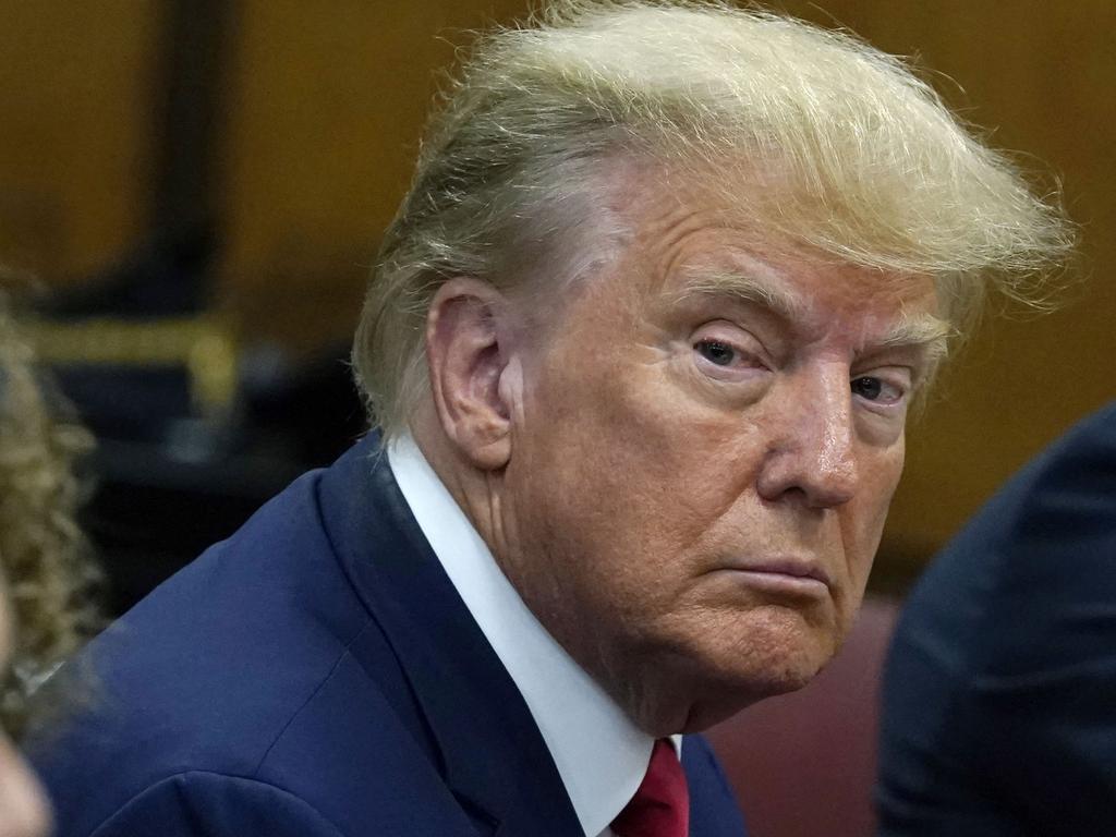 A sombre Donald Trump sits in a New York courtroom. Picture: AFP