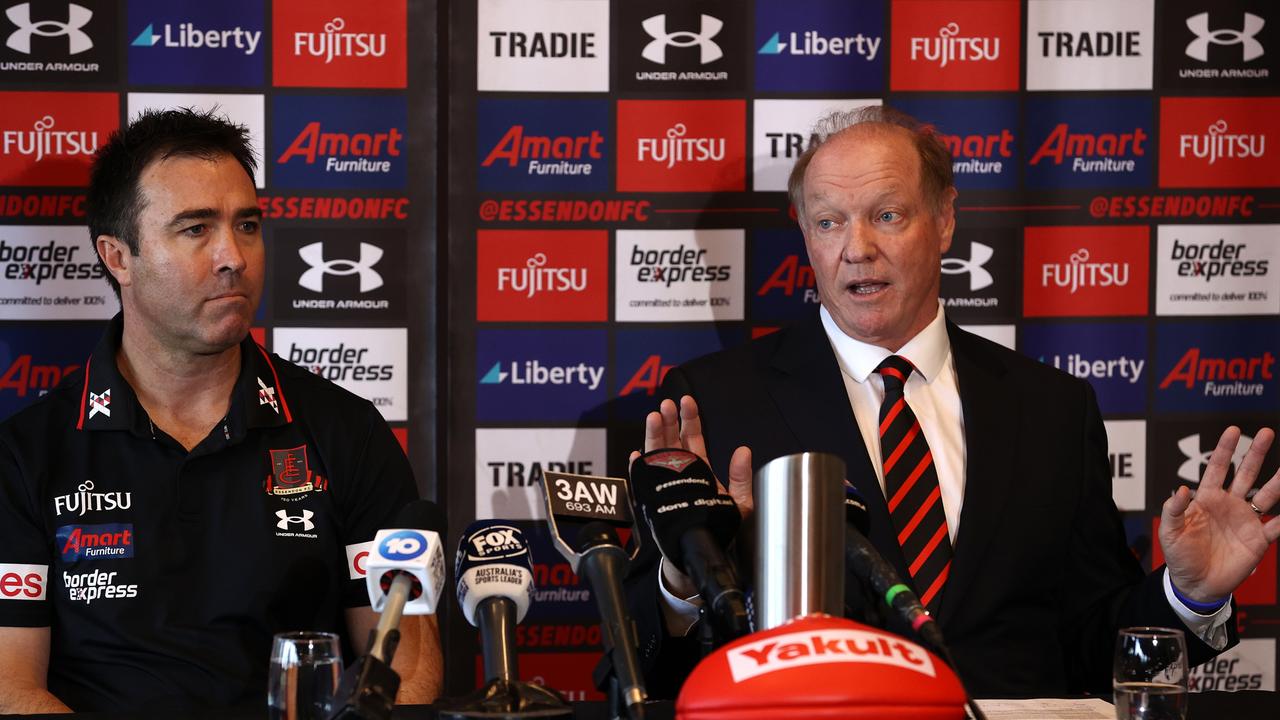 Newly appointed Essendon Bombers AFL coach Brad Scott and club President David Barham. Photo by Robert Cianflone/Getty Images.