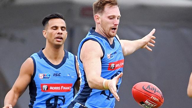 Sturt coach Nathan Grima told his players to lift for Aidan Riley’s 100th game. Picture: Tom Huntley