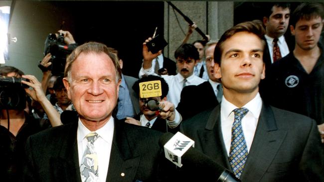 Then News Corp executive Ken Cowley (L) with Lachlan Murdoch (R) during Super League court case.