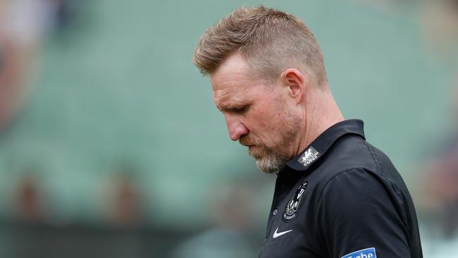 MELBOURNE, AUSTRALIA - MAY 01: Nathan Buckley, Senior Coach of the Magpies looks on during the 2021 AFL Round 07 match between the Collingwood Magpies and the Gold Coast Suns at the Melbourne Cricket Ground on May 01, 2021 in Melbourne, Australia. (Photo by Michael Willson/AFL Photos via Getty Images)