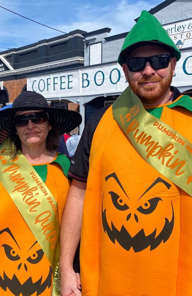 Some visitors to Goomeri for the festival choose to dress up in spirit of the event. Pictured here is Pumpkin Pageant King and Queen at the Goomeri Pumpkin Festival 2021: Damon and Amanda Endersby.